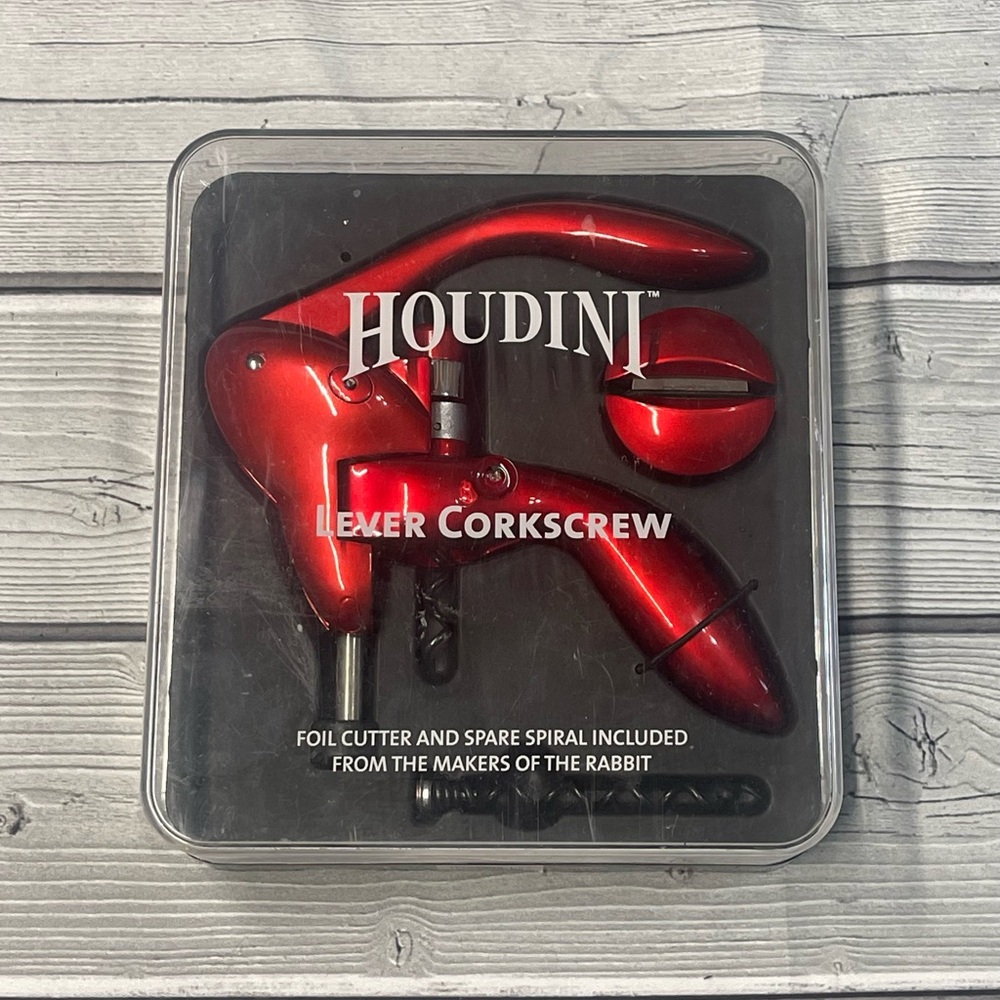 Houdini Lever Corkscrew 3 Piece Wine Opener Set Ruby Red NIB